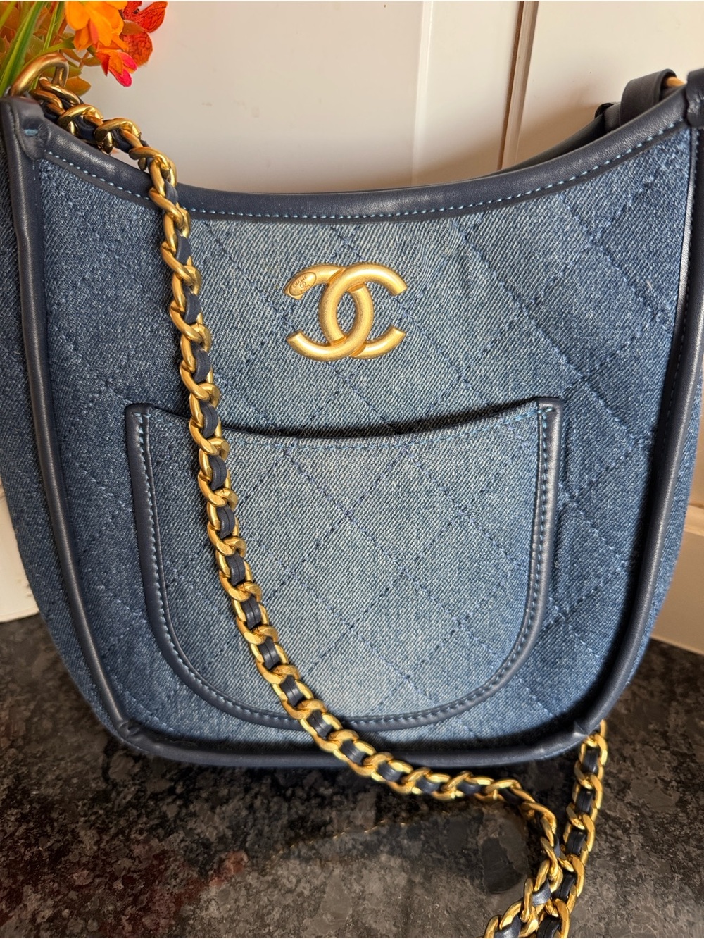 Designer Inspired Quilted Denim Shoulder Bag in Blue with Gold Hardware